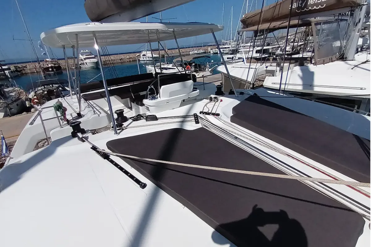 Deck of Errant Vagabond, a Lagoon 51 catamaran at Municipal Unit of Palairos, Greece