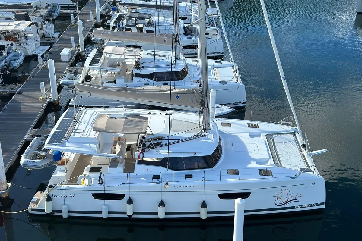 Exterior view of Ojala, a Fountaine Pajot Tanna 47 catamaran at Charlotte Amalie, United States