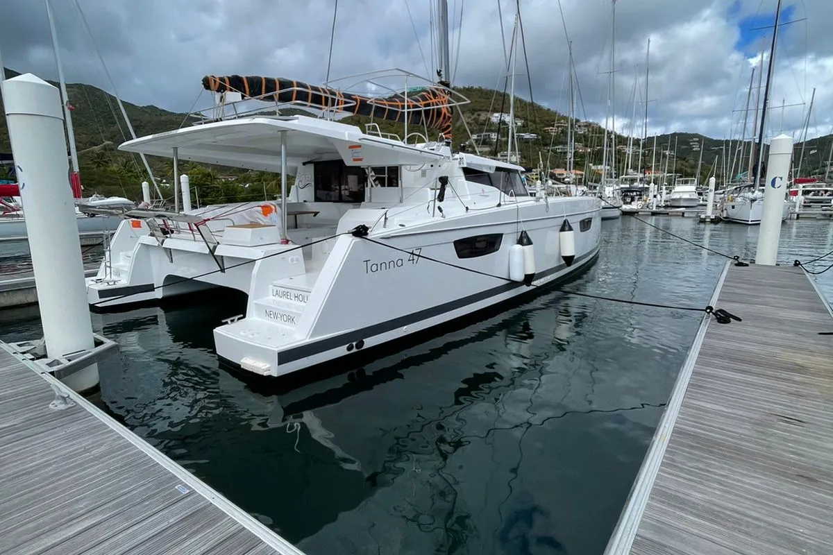Exterior view of Ojala, a Fountaine Pajot Tanna 47 catamaran at Charlotte Amalie, United States
