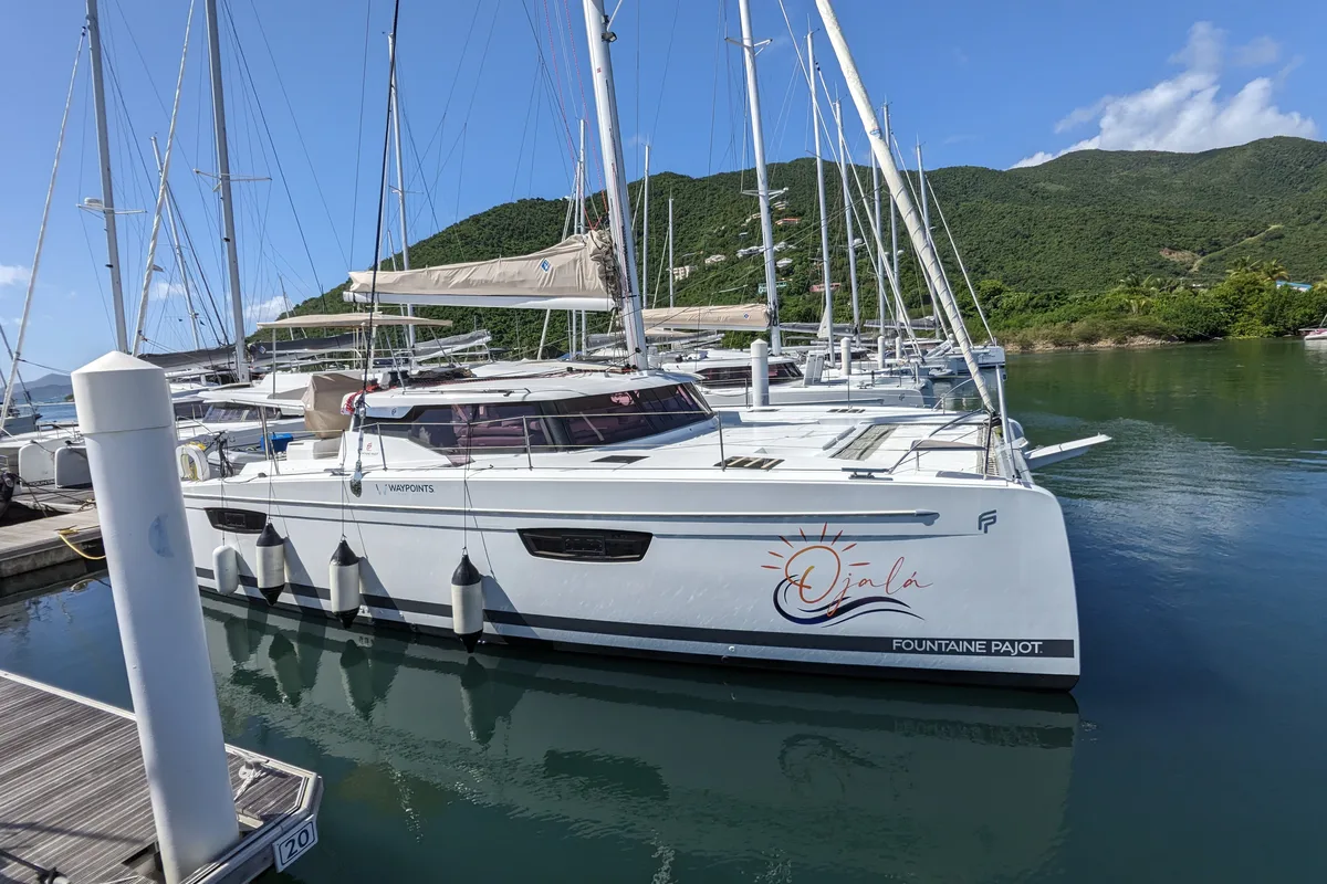 Exterior view of Ojala, a Fountaine Pajot Tanna 47 catamaran at Charlotte Amalie, United States