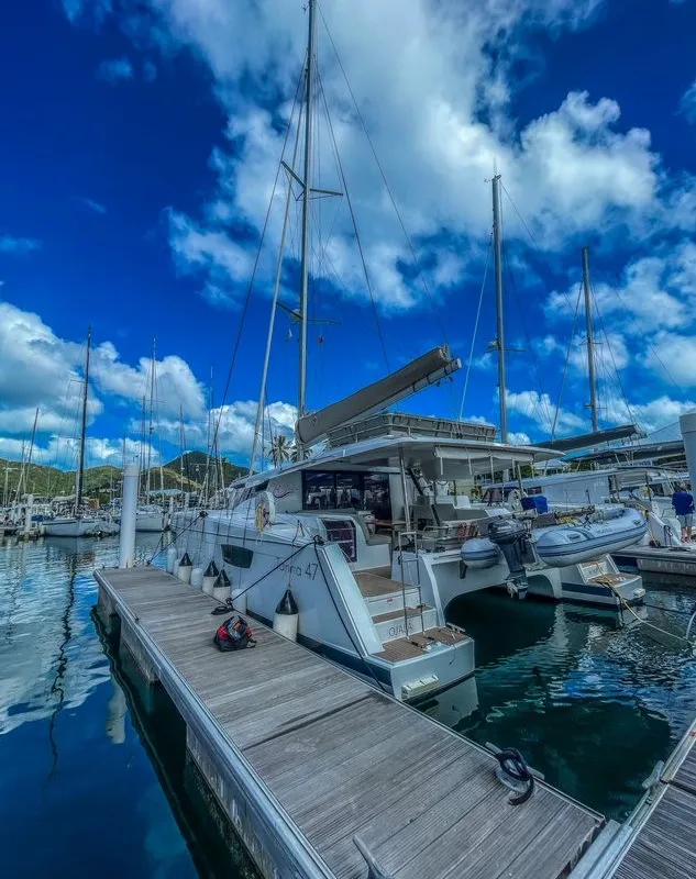 Exterior view of Ojala, a Fountaine Pajot Tanna 47 catamaran at Charlotte Amalie, United States
