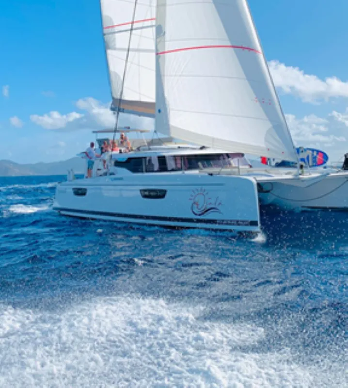 Exterior view of Ojala, a Fountaine Pajot Tanna 47 catamaran at Charlotte Amalie, United States
