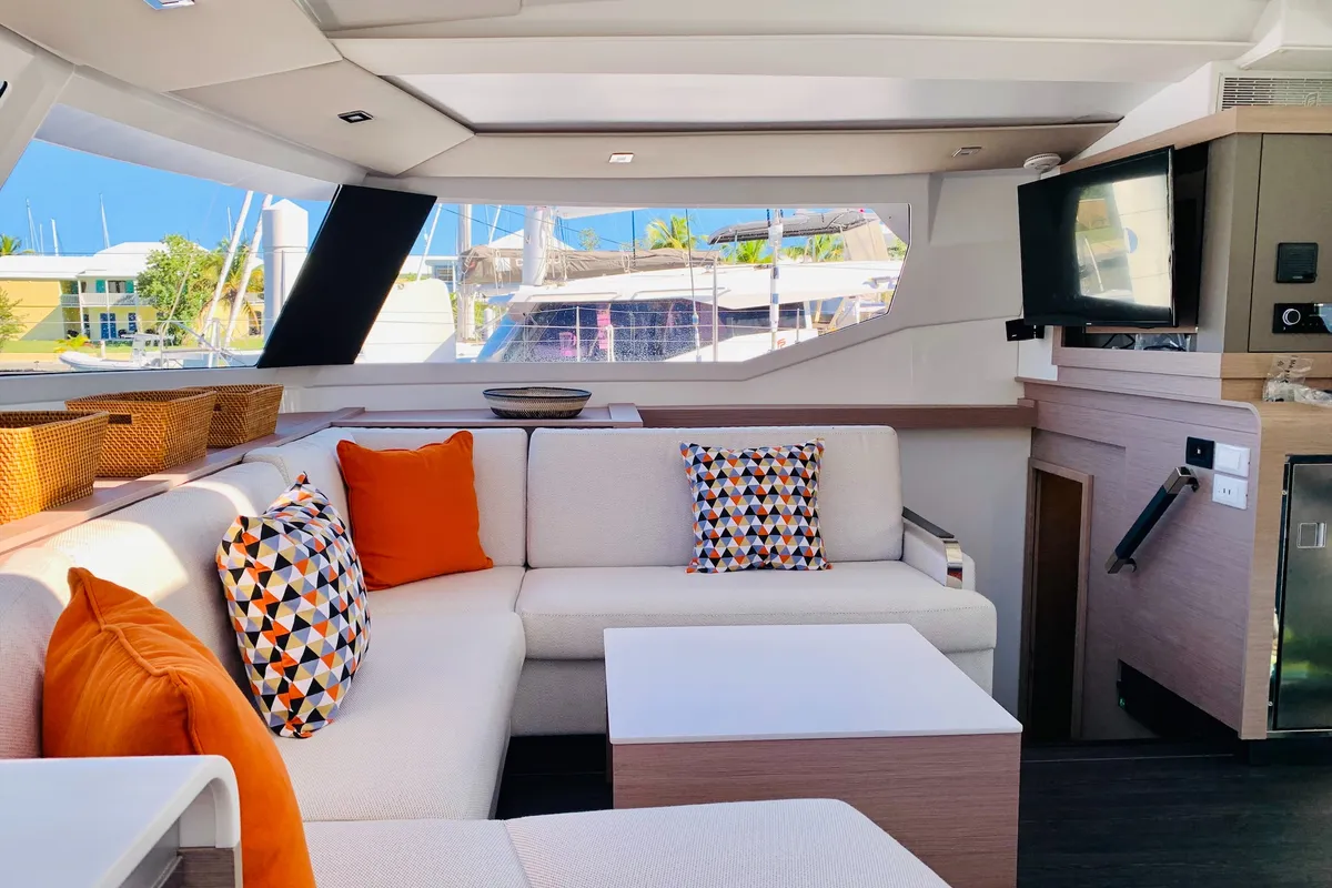 Salon of Ojala, a Fountaine Pajot Tanna 47 catamaran at Charlotte Amalie, United States