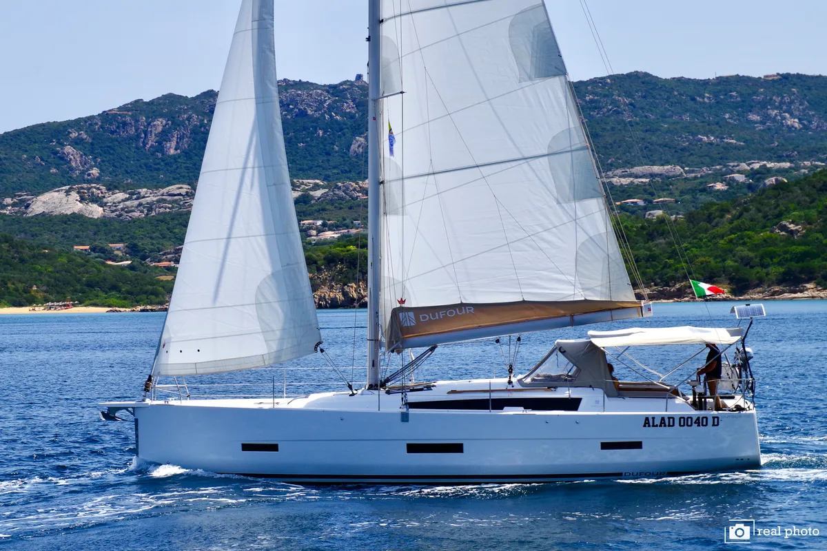Exterior view of Noah, a Dufour 430 sailboat at Cannigione, Italy