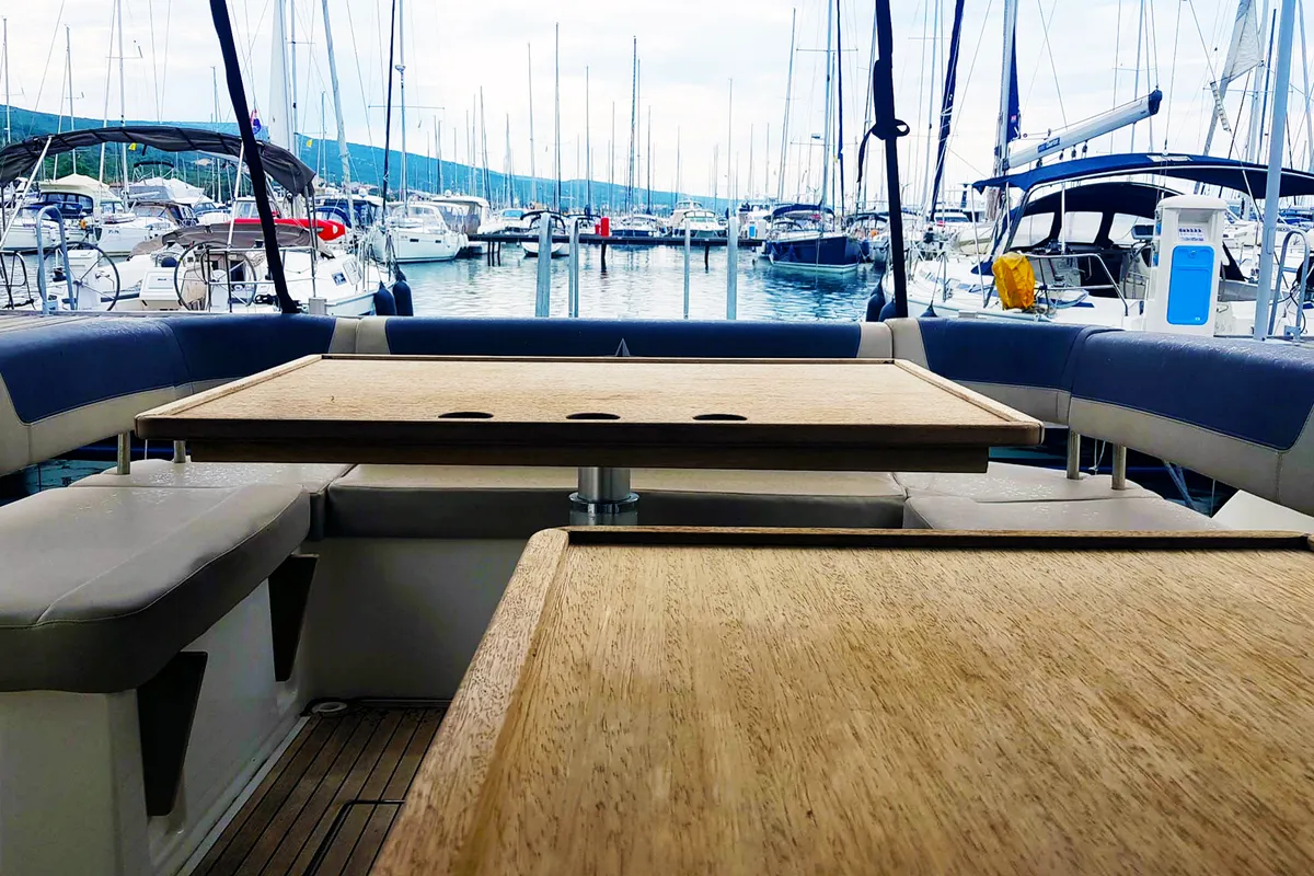 Deck of Rhea, a Bavaria Sport 400 Open motor yacht at Punat, Croatia