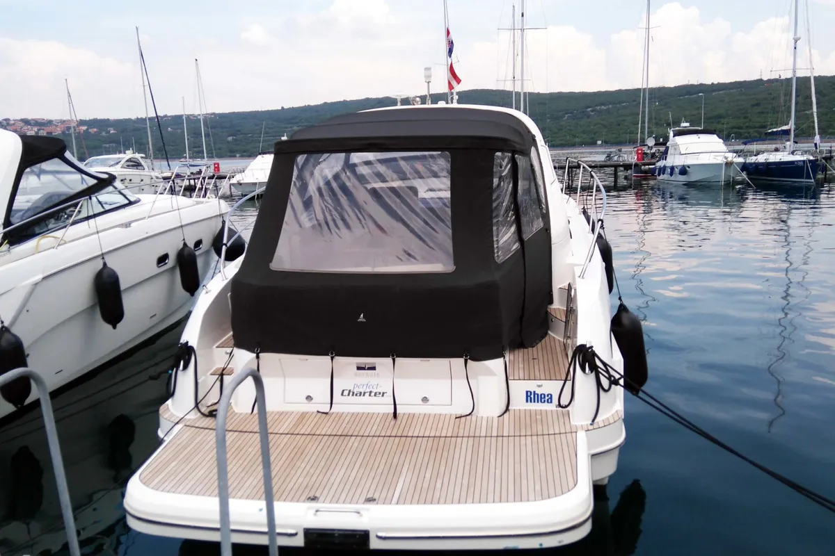 Exterior view of Rhea, a Bavaria Sport 400 Open motor yacht at Punat, Croatia