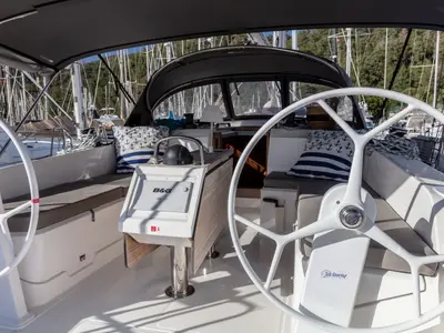 Cockpit of Trinity, a Bavaria 46 Cruiser sailboat at Marmaris, Turkey