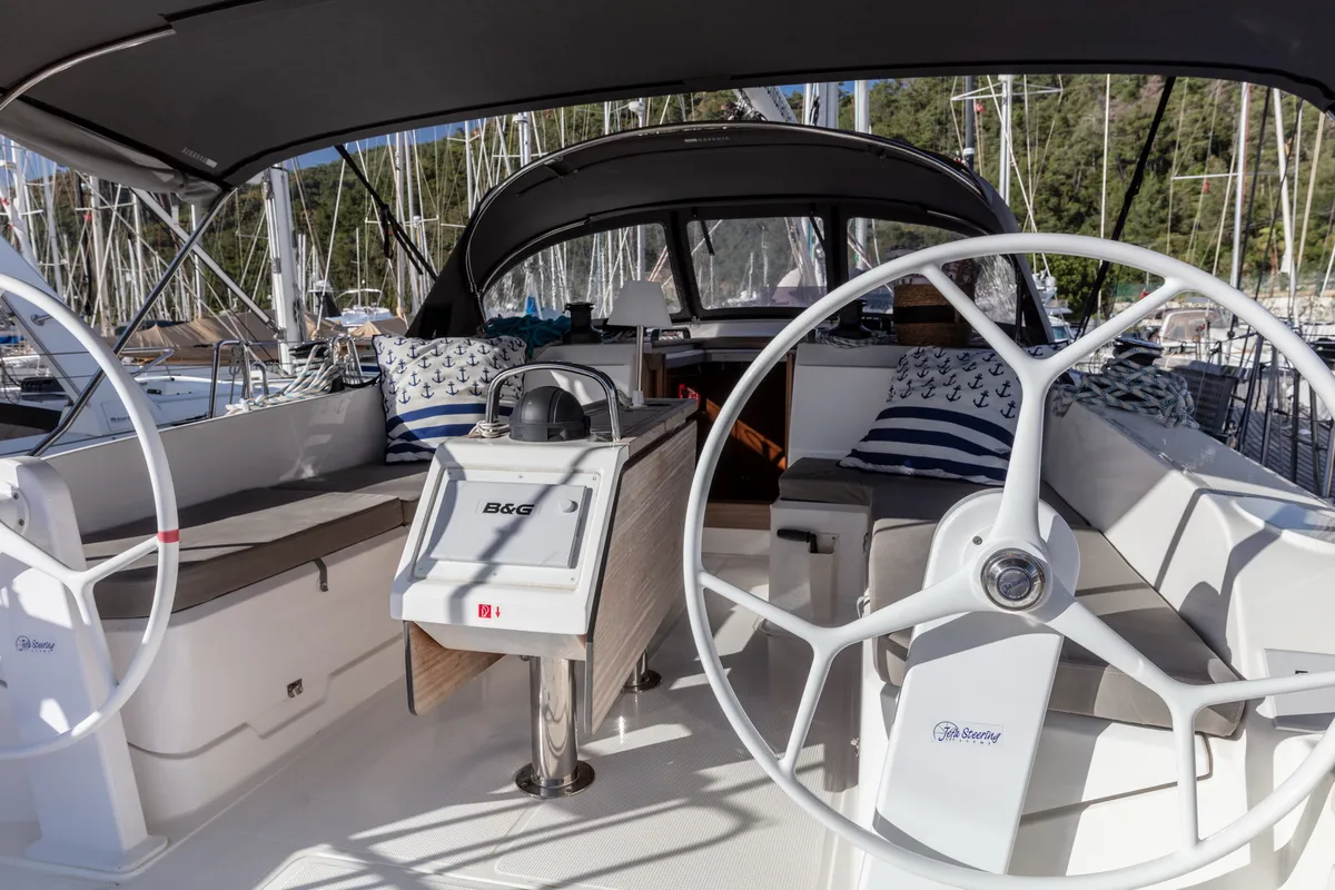Cockpit of Trinity, a Bavaria 46 Cruiser sailboat at Marmaris, Turkey