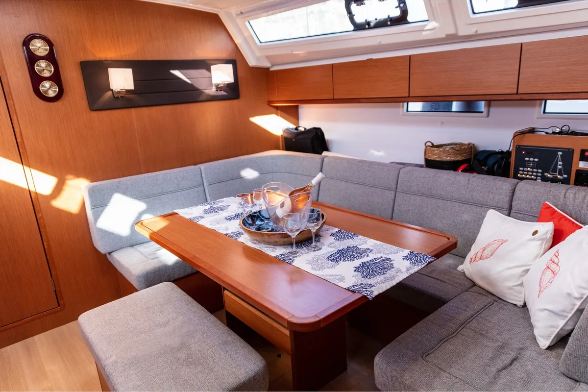 Salon of Trinity, a Bavaria 46 Cruiser sailboat at Marmaris, Turkey