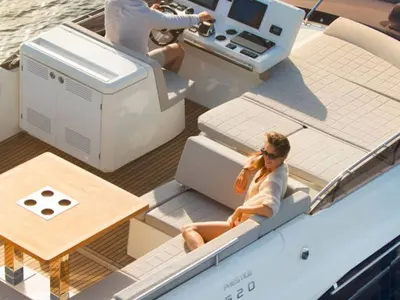 Cockpit of Caprice, a Jeanneau Prestige 520 Flybridge motor yacht at Punat, Croatia