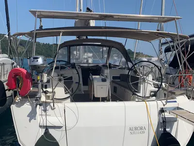Cockpit of Aurora, a Jeanneau Sun Odyssey 519 - 5 + 1 cab. sailboat at Skiathos, Greece