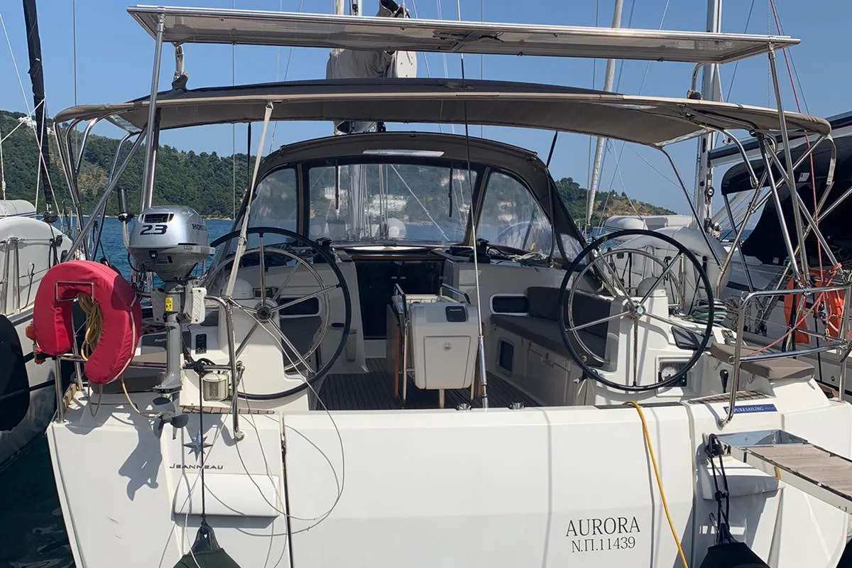 Cockpit of Aurora, a Jeanneau Sun Odyssey 519 - 5 + 1 cab. sailboat at Skiathos, Greece