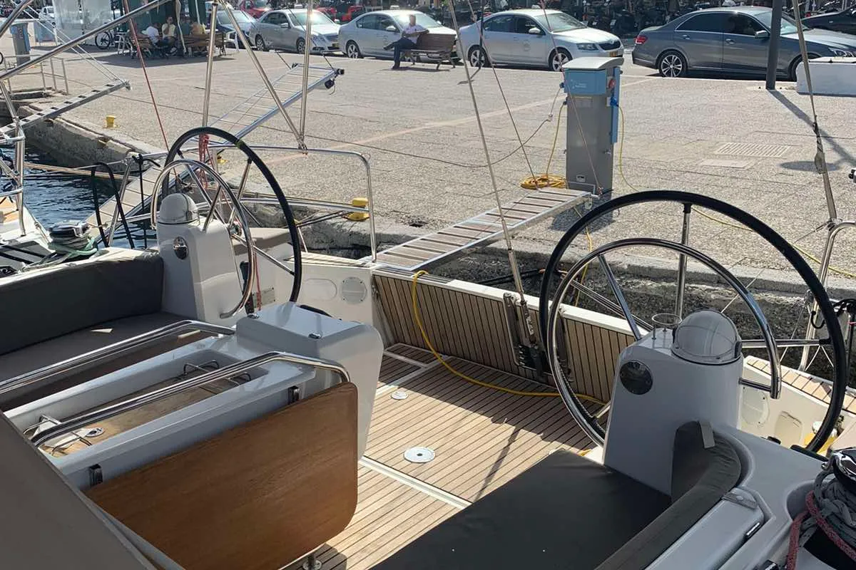 Cockpit of Aurora, a Jeanneau Sun Odyssey 519 - 5 + 1 cab. sailboat at Skiathos, Greece