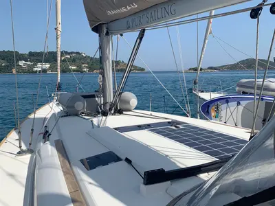 Deck of Aurora, a Jeanneau Sun Odyssey 519 - 5 + 1 cab. sailboat at Skiathos, Greece