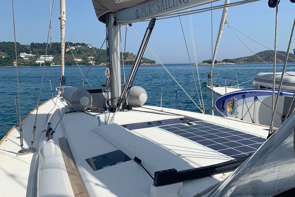 Deck of Aurora, a Jeanneau Sun Odyssey 519 - 5 + 1 cab. sailboat at Skiathos, Greece