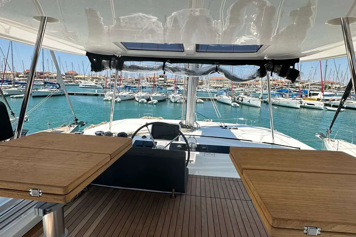 Cockpit of Cass, a Lagoon 46 catamaran at Municipal Unit of Lefkada, Greece