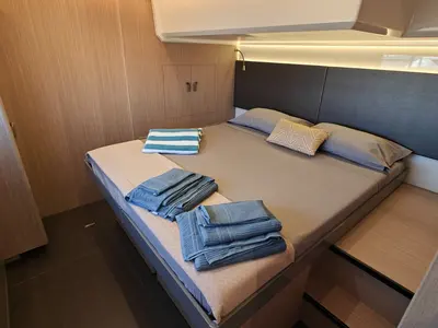 Cabin on Italia IV, a Prestige M48 motor yacht at Salerno, Italy