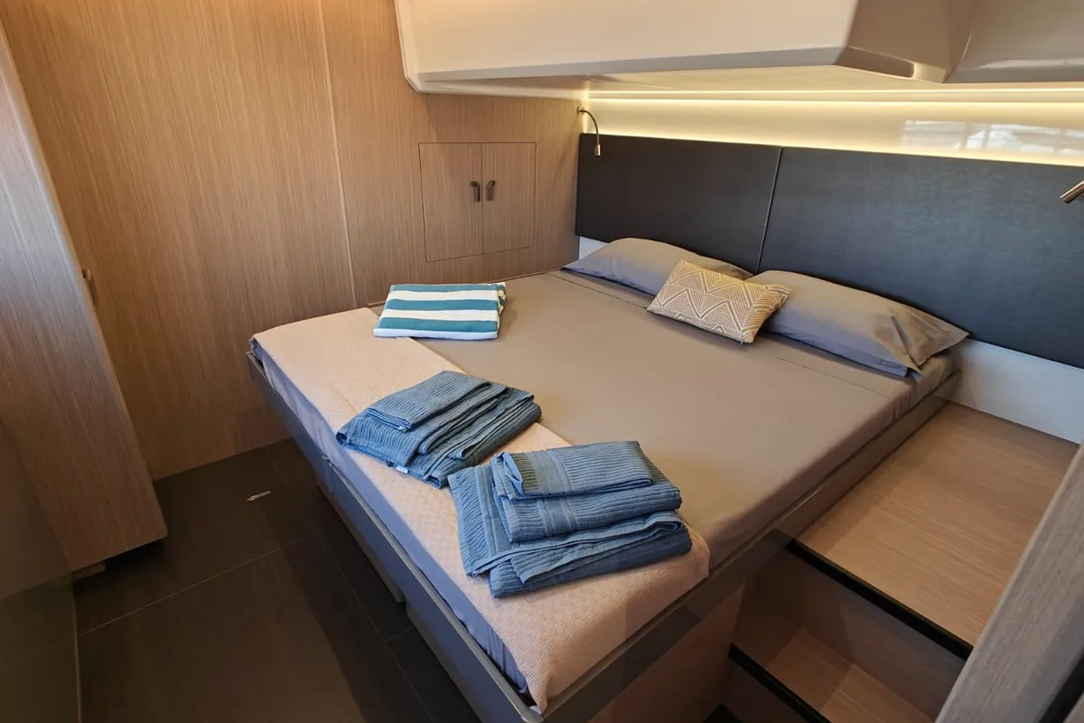 Cabin on Italia IV, a Prestige M48 motor yacht at Salerno, Italy