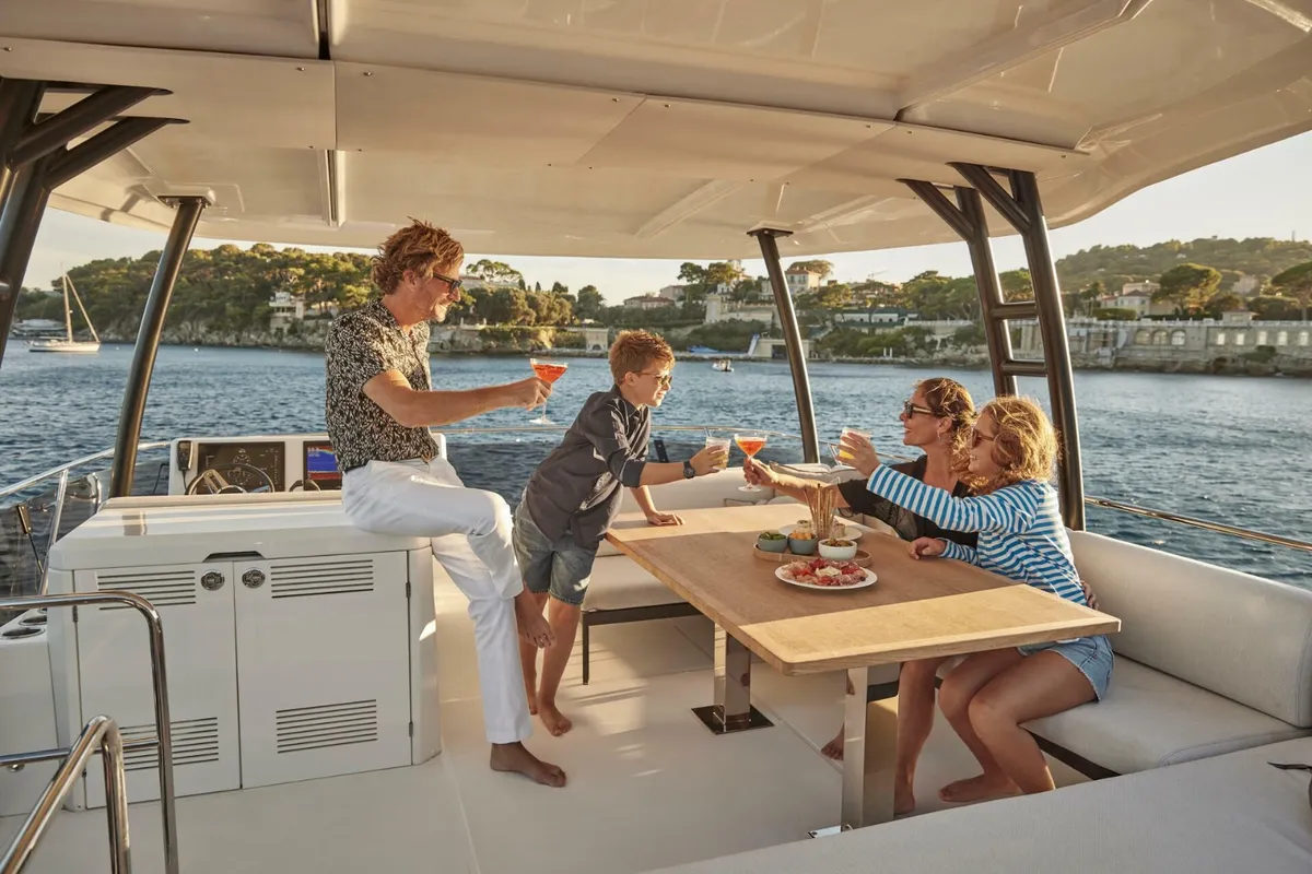 Deck of Italia IV, a Prestige M48 motor yacht at Salerno, Italy