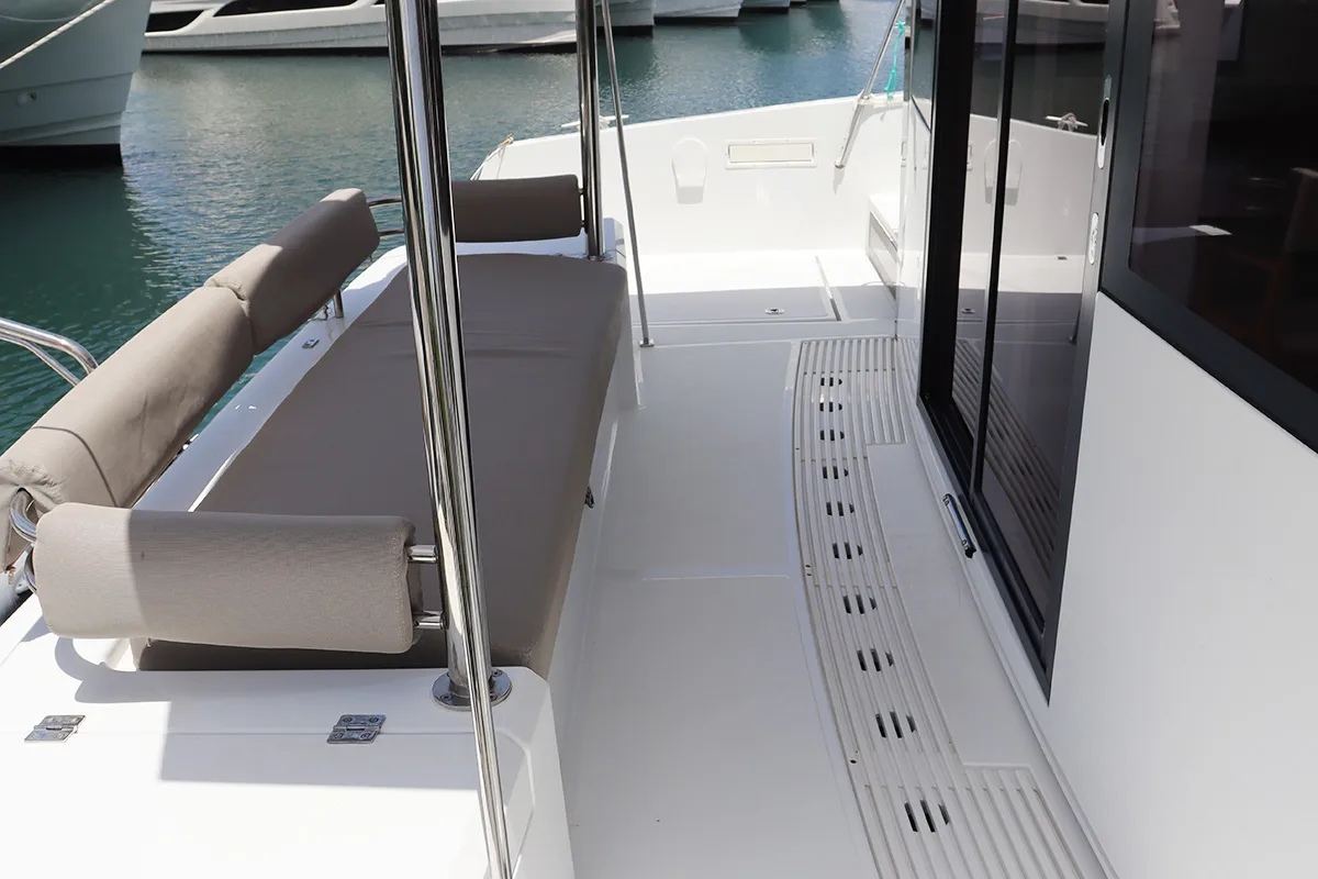 Deck of Dorothea, a Bali 4.2 OW catamaran at Road Town, British Virgin Islands