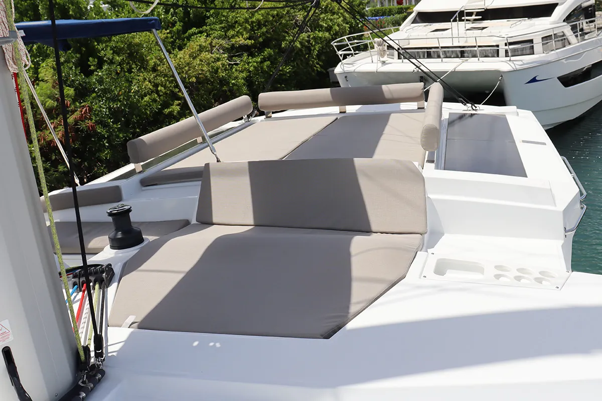 Deck of Dorothea, a Bali 4.2 OW catamaran at Road Town, British Virgin Islands