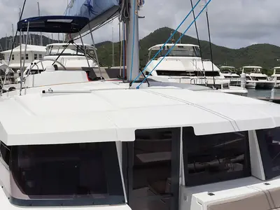 Deck of Dorothea, a Bali 4.2 OW catamaran at Road Town, British Virgin Islands