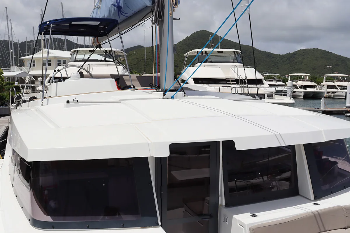Deck of Dorothea, a Bali 4.2 OW catamaran at Road Town, British Virgin Islands