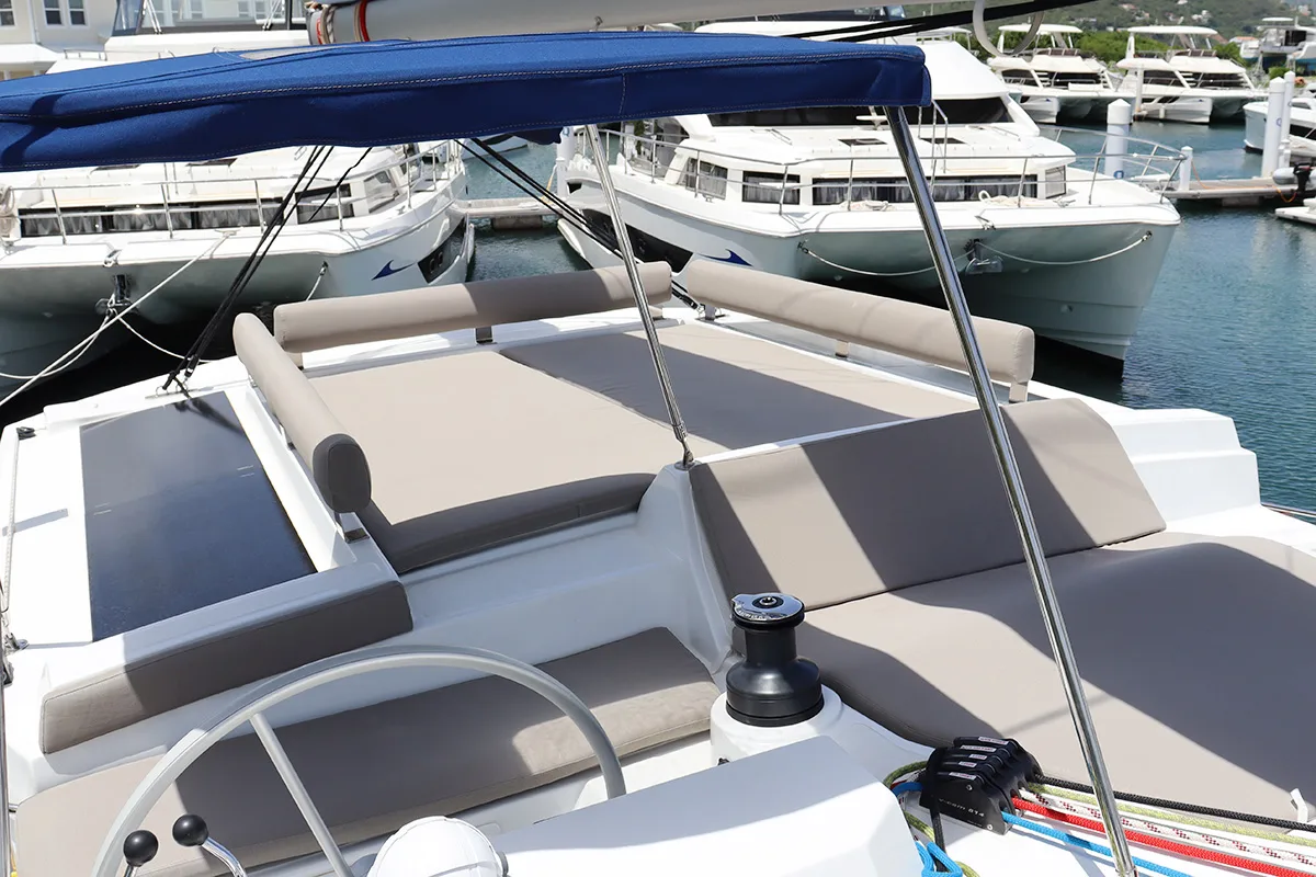 Deck of Dorothea, a Bali 4.2 OW catamaran at Road Town, British Virgin Islands