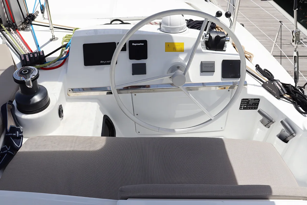 Cockpit of Dorothea, a Bali 4.2 OW catamaran at Road Town, British Virgin Islands