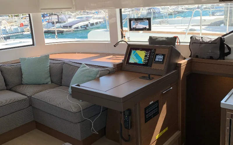 Cockpit of Alaia, a Lagoon 50 catamaran at Ventimiglia, Italy
