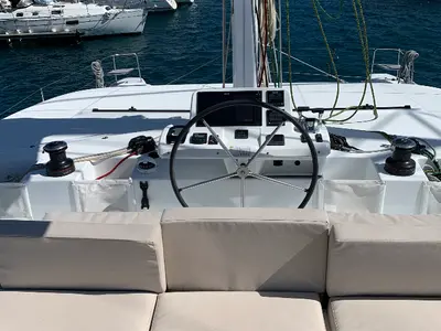 Cockpit of Alaia, a Lagoon 50 catamaran at Ventimiglia, Italy