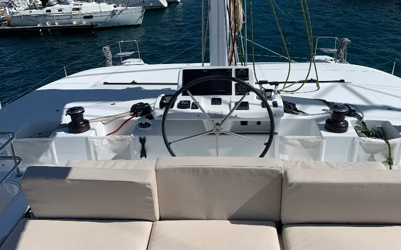 Cockpit of Alaia, a Lagoon 50 catamaran at Ventimiglia, Italy