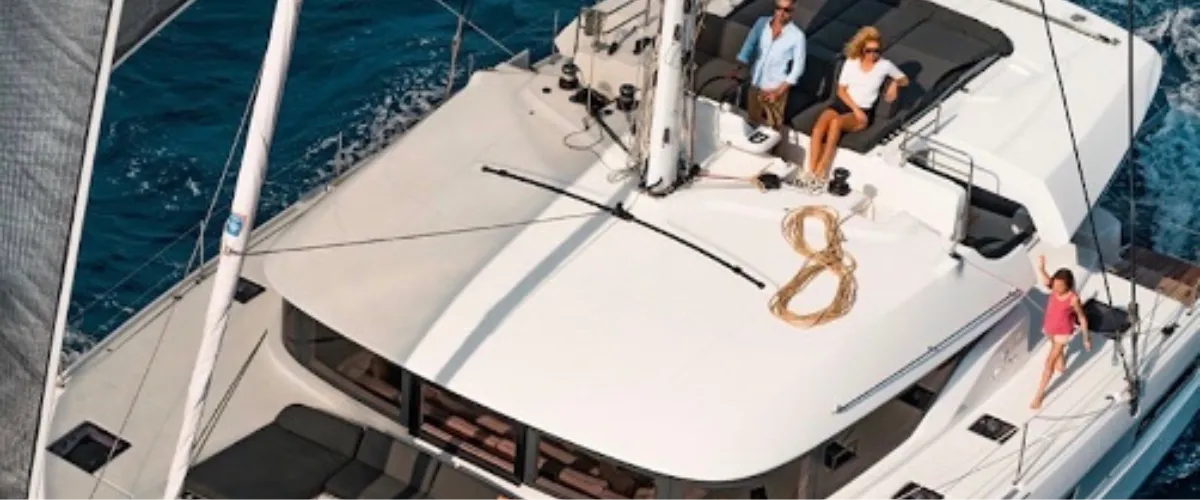 Deck of Alaia, a Lagoon 50 catamaran at Ventimiglia, Italy