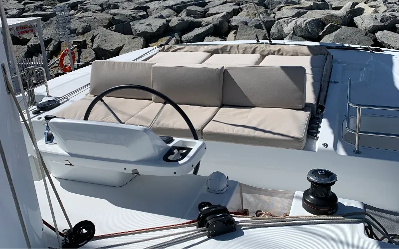 Cockpit of Alaia, a Lagoon 50 catamaran at Ventimiglia, Italy