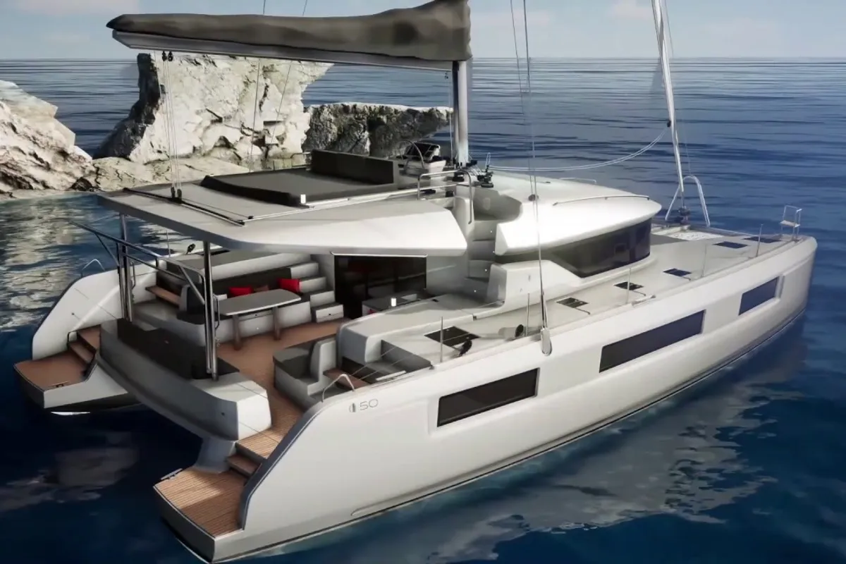 Exterior view of Alaia, a Lagoon 50 catamaran at Ventimiglia, Italy