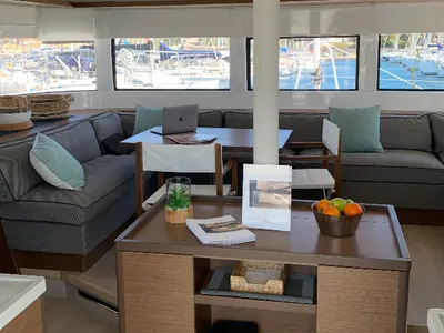 Salon of Alaia, a Lagoon 50 catamaran at Ventimiglia, Italy