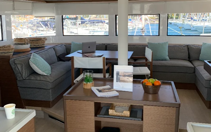 Salon of Alaia, a Lagoon 50 catamaran at Ventimiglia, Italy