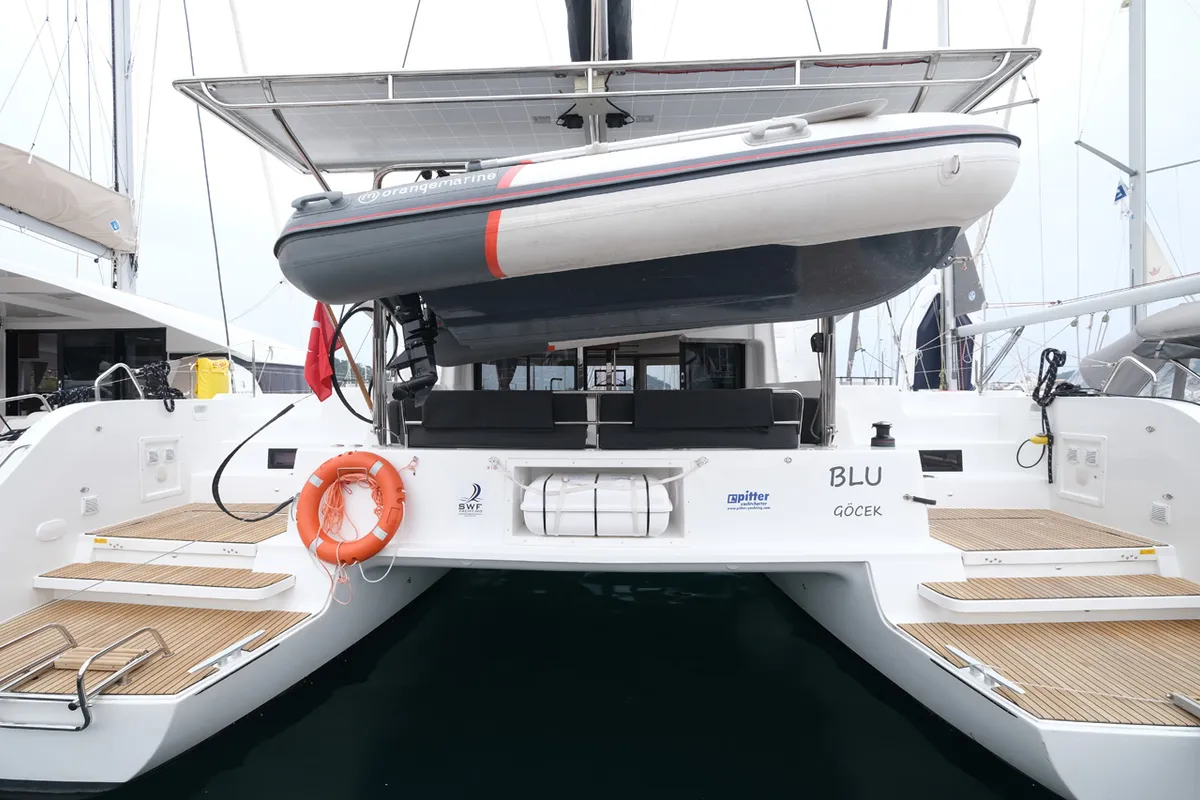 Exterior view of Blu, a Lagoon 46 catamaran at Volos Municipality, Greece