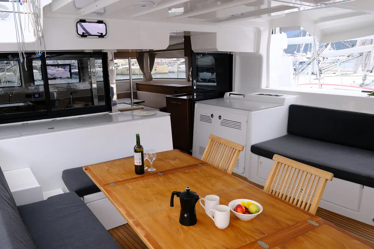 Salon of Blu, a Lagoon 46 catamaran at Volos Municipality, Greece