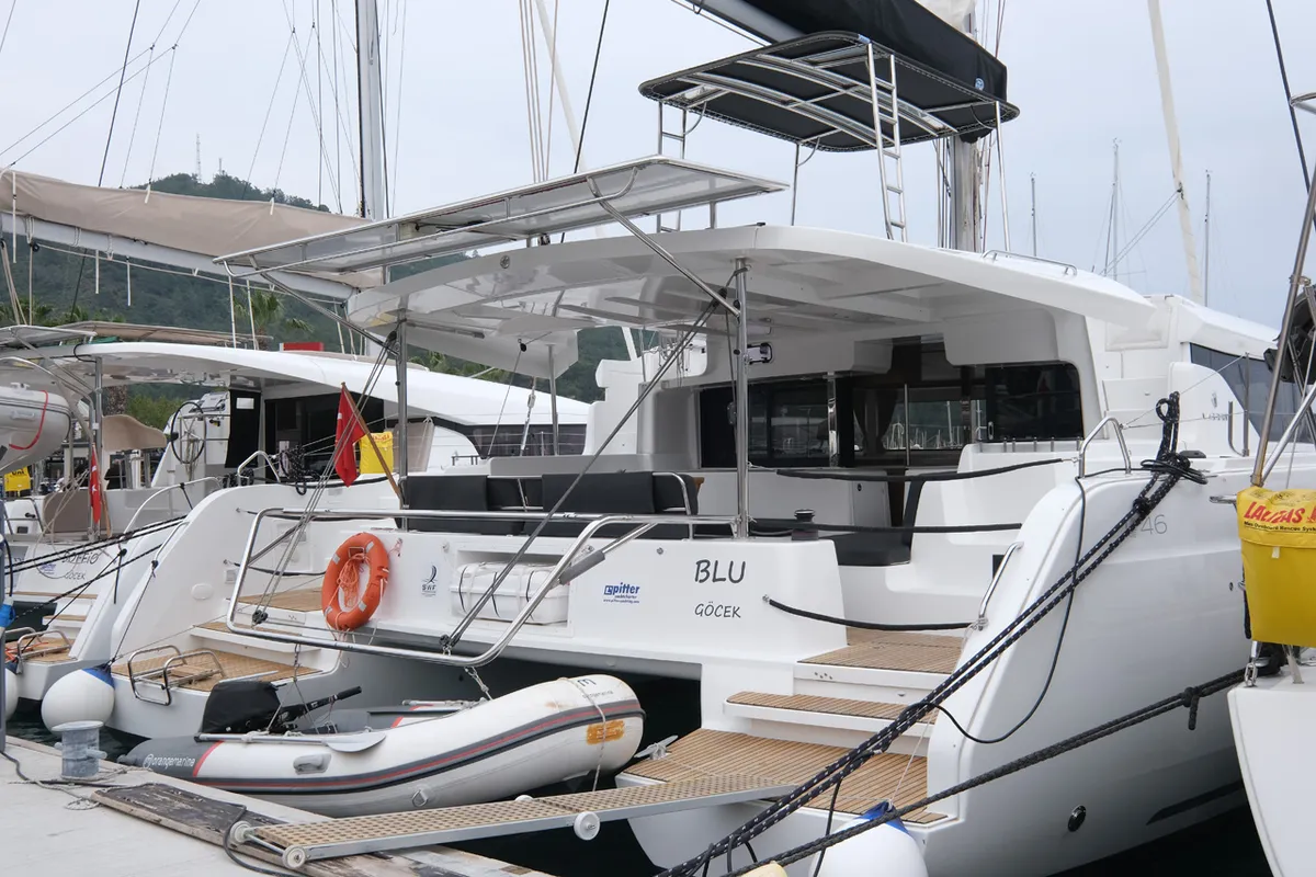 Exterior view of Blu, a Lagoon 46 catamaran at Volos Municipality, Greece