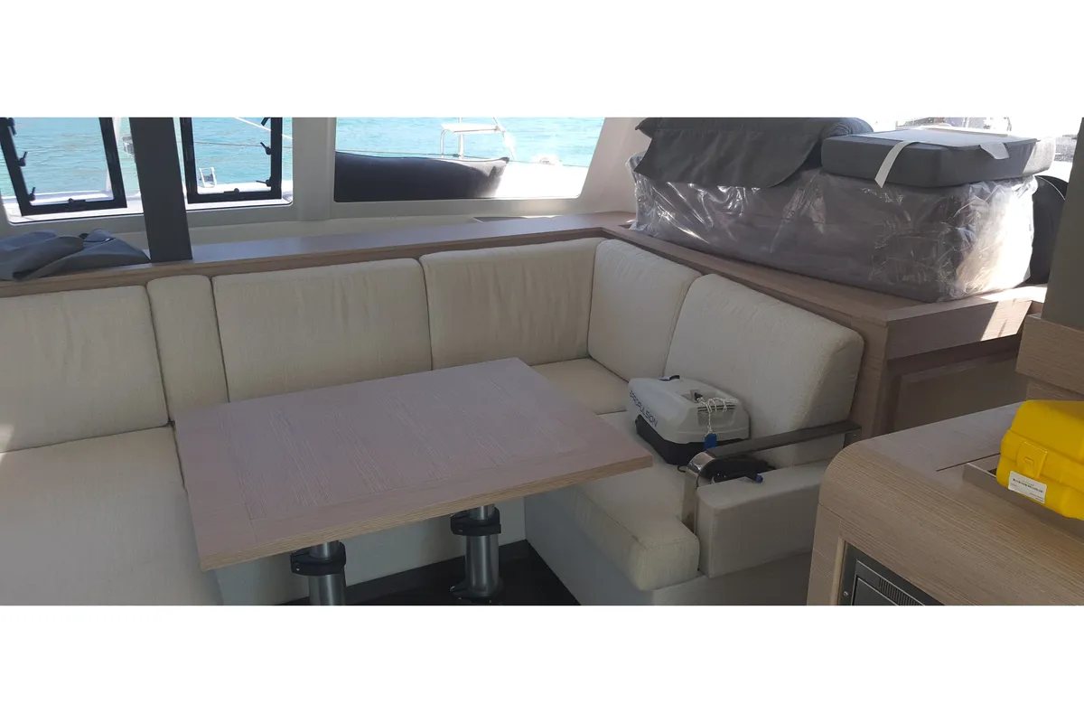 Salon of Ares X, a Fountaine Pajot Isla 40 catamaran at Marmaris, Turkey
