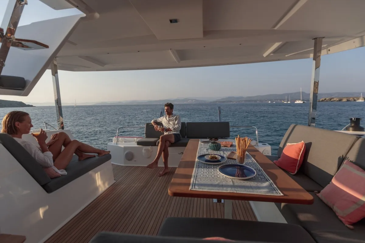 Deck of Ares X, a Fountaine Pajot Isla 40 catamaran at Marmaris, Turkey