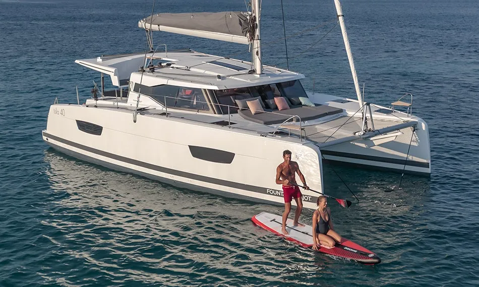 Exterior view of Ares X, a Fountaine Pajot Isla 40 catamaran at Marmaris, Turkey