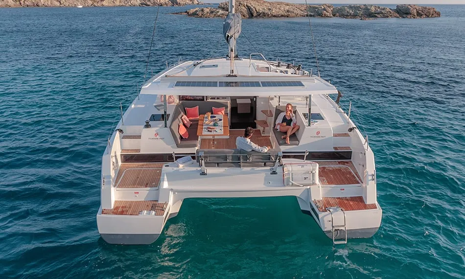 Exterior view of Ares X, a Fountaine Pajot Isla 40 catamaran at Marmaris, Turkey