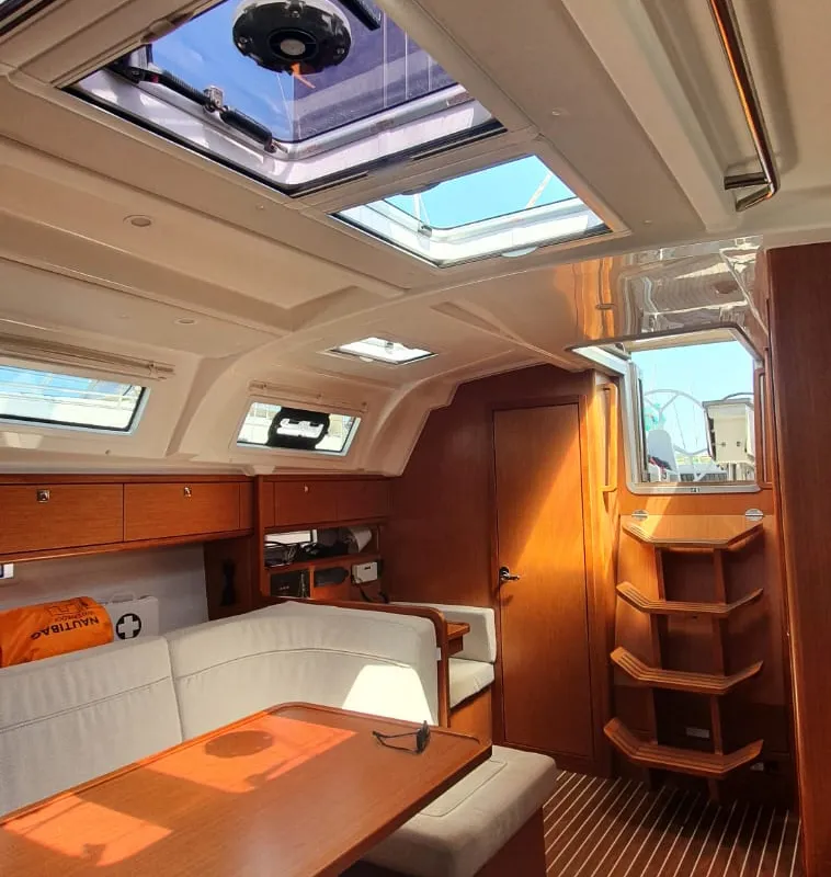 Exterior view of Surya, a Bavaria Cruiser 41 sailboat at Olbia, Italy