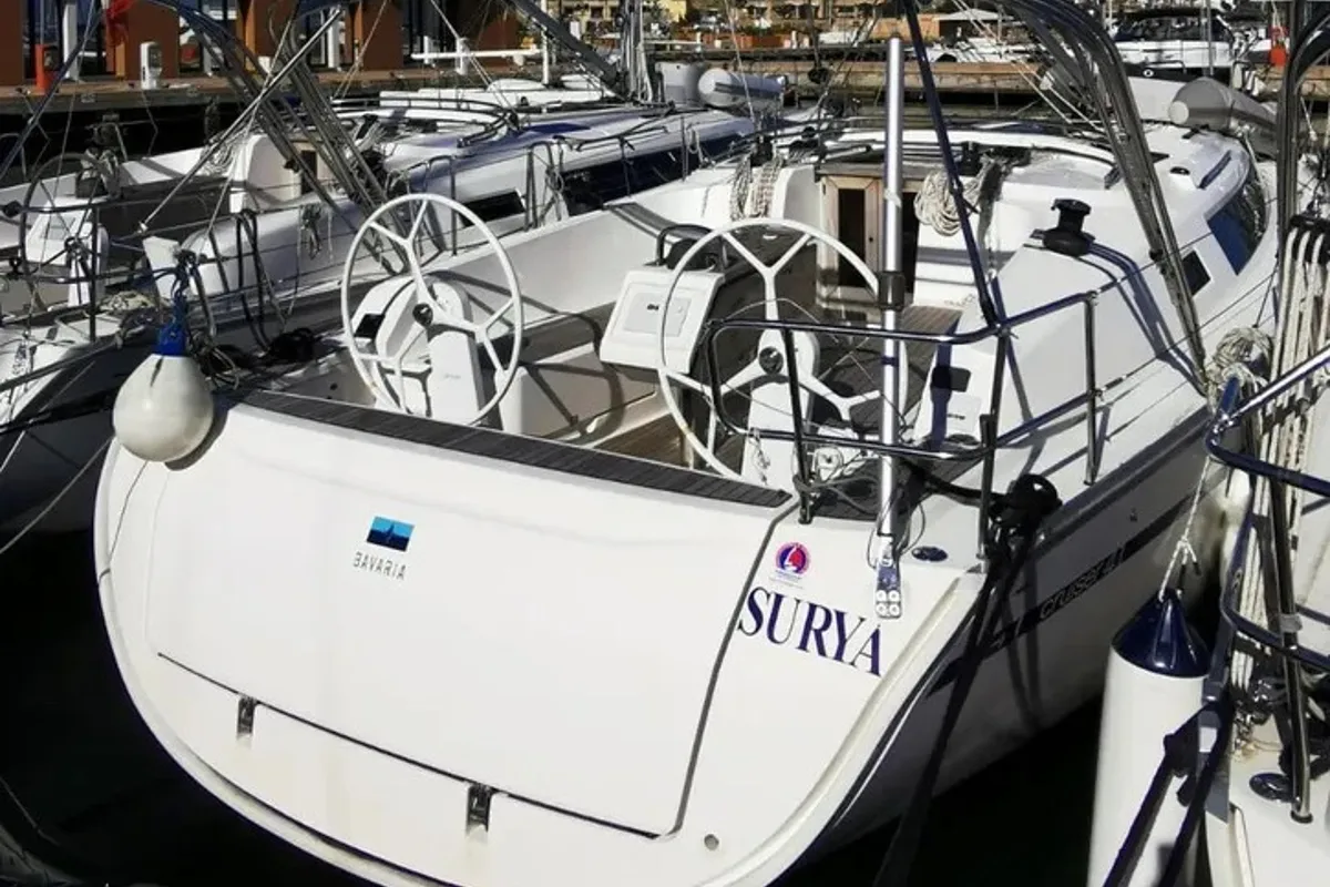 Exterior view of Surya, a Bavaria Cruiser 41 sailboat at Olbia, Italy