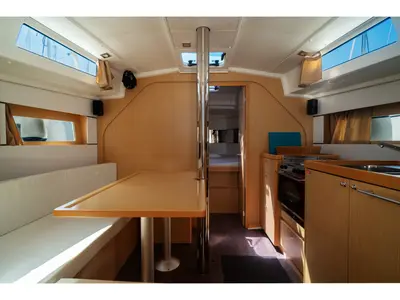 Salon of Marta, a Beneteau Oceanis 38 sailboat at Olbia, Italy