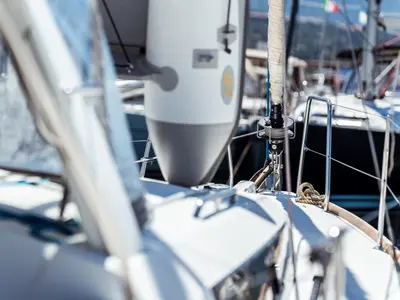 Deck of Marta, a Beneteau Oceanis 38 sailboat at Olbia, Italy