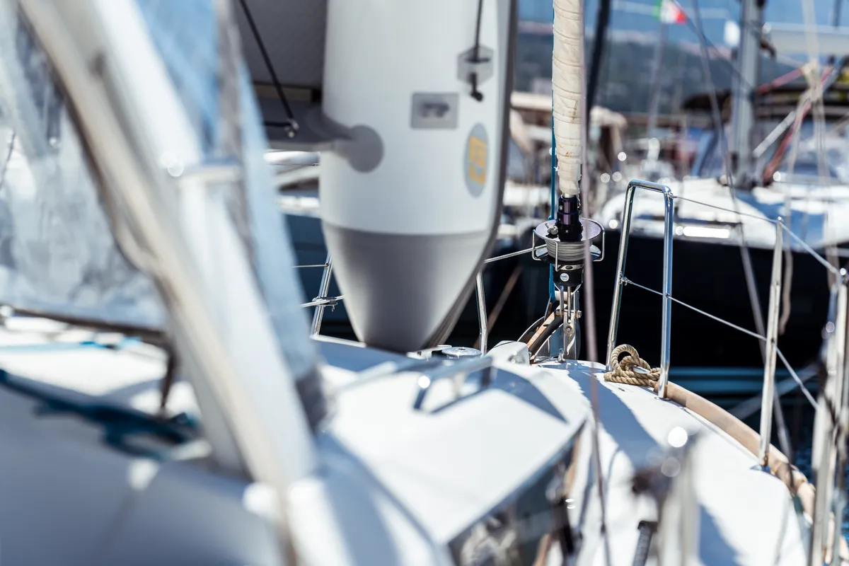 Deck of Marta, a Beneteau Oceanis 38 sailboat at Olbia, Italy