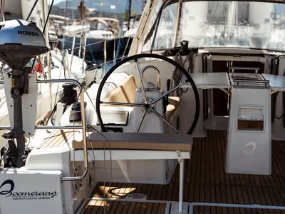 Cockpit of Marta, a Beneteau Oceanis 38 sailboat at Olbia, Italy